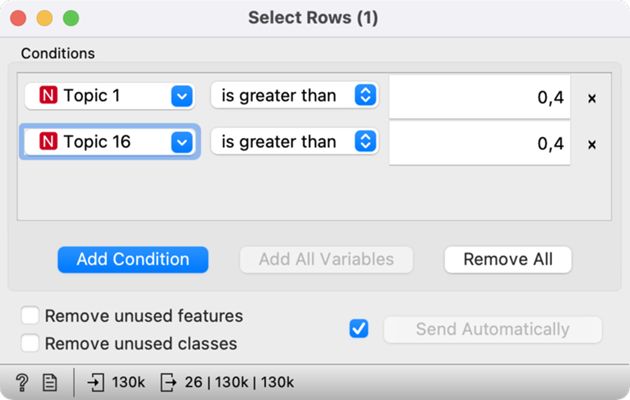 Figure 19: Setting the threshold in the Select Rows widget.